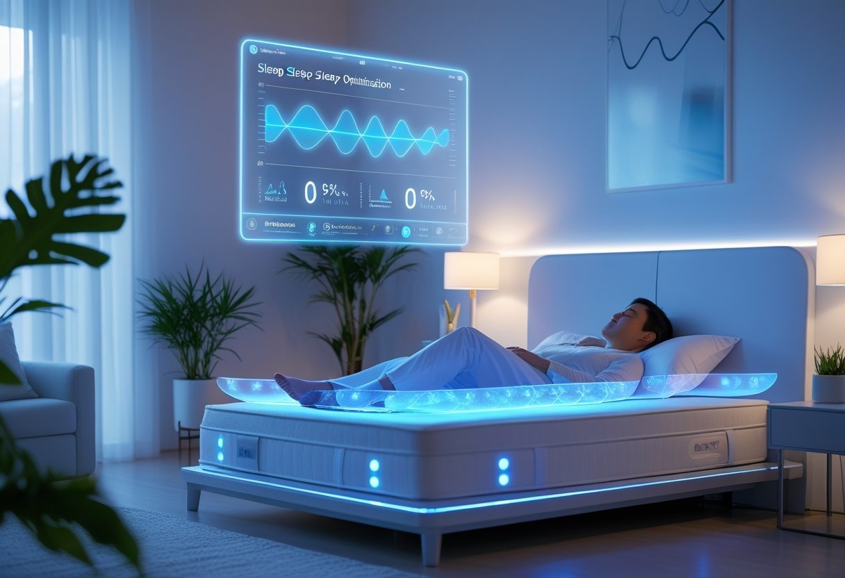 A person sleeping peacefully on a smart bed in a modern bedroom with a floating digital interface showing sleep data and AI technology indicators.