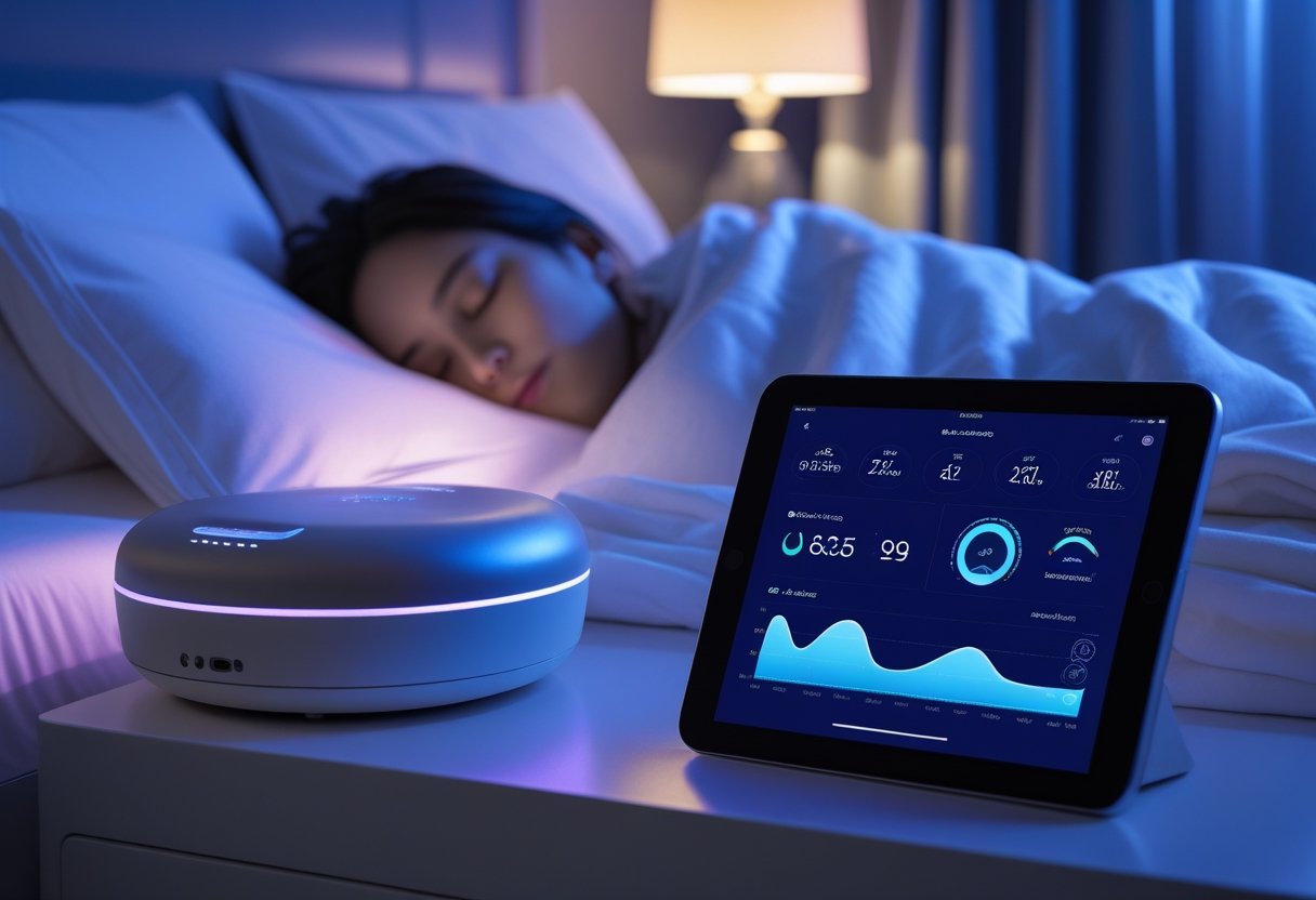 A peaceful bedroom with a smart sleep device on a bedside table, a person sleeping under a blanket, and a digital device showing sleep data and recommendations.