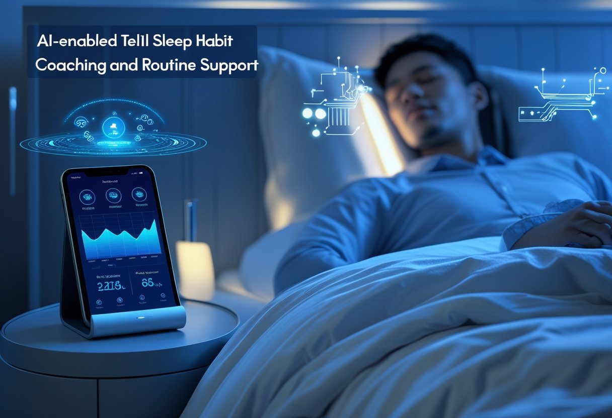 A person sitting on the edge of a bed next to a bedside table with a smart device showing sleep data and glowing icons in a softly lit bedroom.