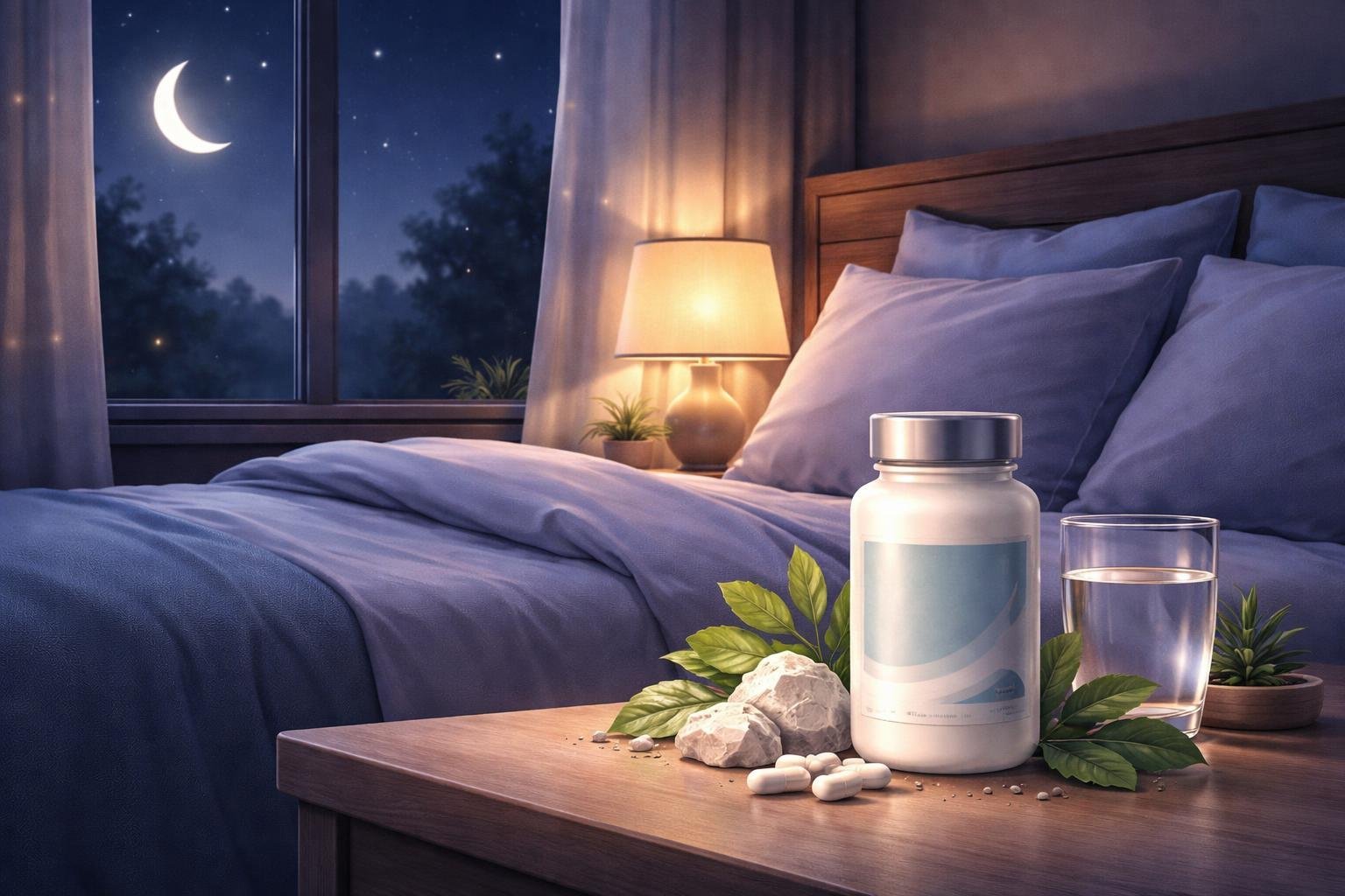 A peaceful bedroom at night with a bed, a bedside table holding a bottle of magnesium supplements, and a window showing a starry sky and crescent moon.