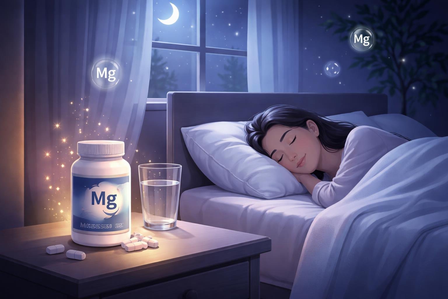 A person sleeping peacefully in a bedroom at night with a bottle of magnesium supplements on a bedside table nearby.