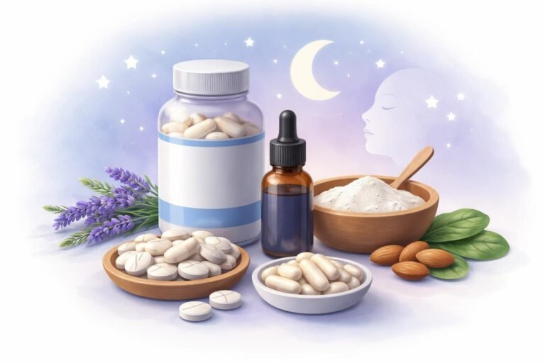 Various types of magnesium supplements including capsules, powder, tablets, and liquid dropper bottle arranged with sleep-related icons like moon and stars.