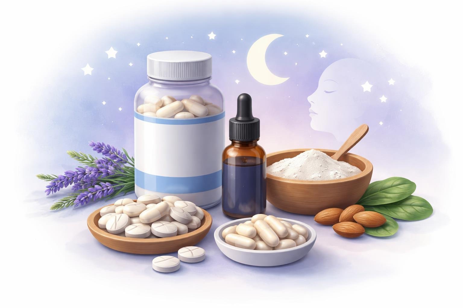 Various types of magnesium supplements including capsules, powder, tablets, and liquid dropper bottle arranged with sleep-related icons like moon and stars.